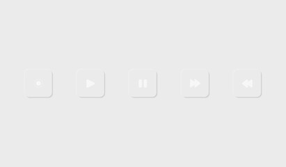 Button icon set. Set of white player buttons. Neomorphism design style. Vector illustration.