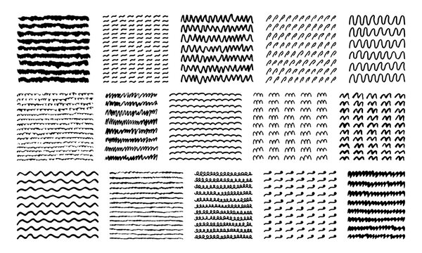 A large set of simple black and white hand-drawn patterns. Waves, dashes, lines, curlicues. Simple elements for design and decoration.