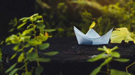 paisaje en miniatura de barco de papel sobre troncos viejos y húmedos con plantas pequeñas verdes 