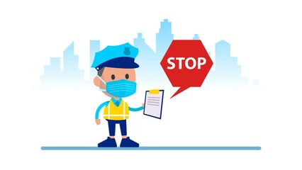 Officer of traffic police in uniform with high visibility vest demanding to stop. Coronavirus disease.