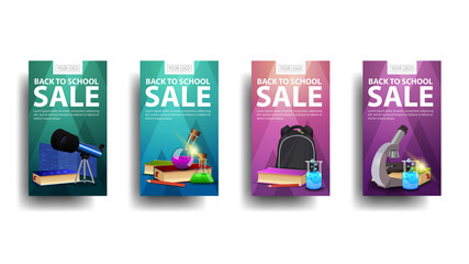Back to school sale, large collection vertical discount banners for your business with a microscope, telescope, backpack, books and chemical flasks