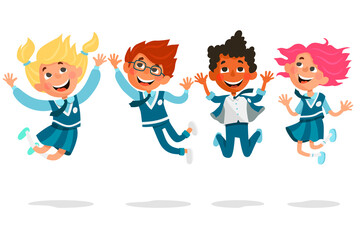 Back to school. Happy students in school uniforms are jumping. Cartoon vector illustration isolated on white background.