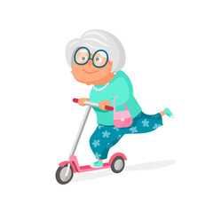 Modern old lady in glasses and a handbag rides a kick scooter. Cute cartoon illustration isolated on white background.