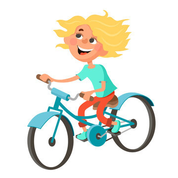 Happy blonde girl rides a bicycle. Illustration isolated on white background.