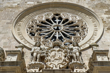 The Rose window of the Cathedral of Otranto dedicated to the Annunciation of the Virgin Mary. Salento, Puglia, Italy