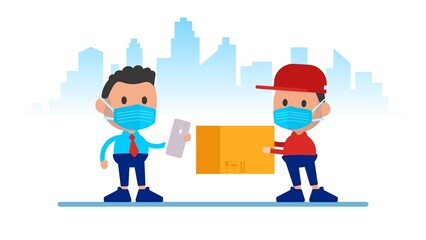 A courier in a protective medical mask holds parcel in his hands. Free food delivery. Stay home. Quarantine in the city. Coronavirus epidemic.