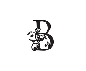 Vintage Letter B Logo. Classic B Letter Design Vector with Black Color and Floral Hand Drawn.