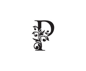 Vintage Letter P Logo. Classic P Letter Design Vector with Black Color and Floral Hand Drawn.