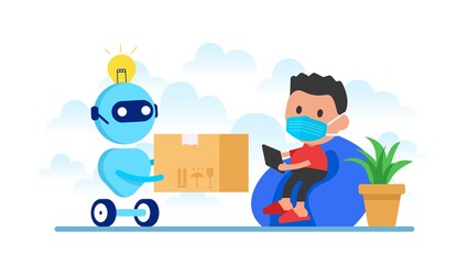 Modern Robot Courier Artificial Intelligence Technology. Online delivery. Coronavirus Epidemic Quarantine. Buy home, get your package, Delivery.