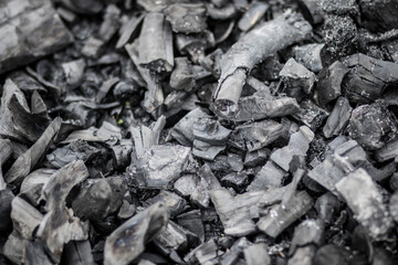 Black charcoal texture background. Close-up. Charcoal is a folk wisdom.
