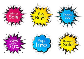 Winter sale, 70% discount and more info. Comic speech bubble. Thank you, hi and yeah phrases. Sale shopping text. Chat messages with phrases. Colorful texting comic speech bubble. Vector