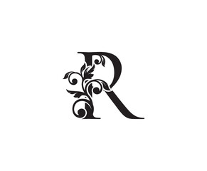 Vintage Letter R Logo. Classic R Letter Design Vector with Black Color and Floral Hand Drawn.