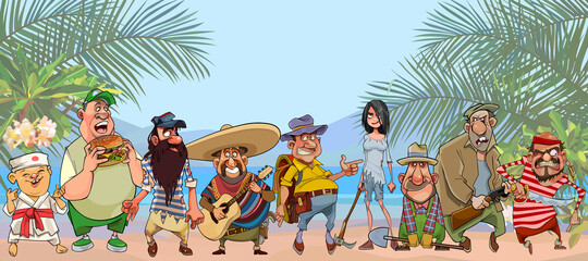 group of diverse cartoon characters stand on a tropical shore