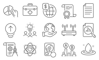 Set of Science icons, such as File, Atom. Diploma, ideas, save planet. Wifi, Divider document, Fuel energy. Swipe up, Pie chart, Ab testing. First aid, Recovery hdd, Analytics graph. Vector