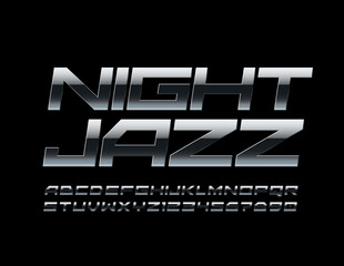 Vector show poster Jazz Night with Dark Metallic Font. Reflective Alphabet Letters and Numbers
