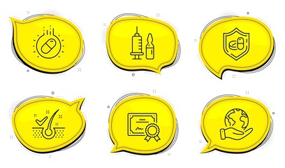 Medical tablet sign. Diploma certificate, save planet chat bubbles. Anti-dandruff flakes, Capsule pill and Medical vaccination line icons set. Healthy hair, Medicine drugs, Syringe vaccine. Vector