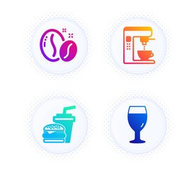 Coffee beans, Coffee maker and Hamburger icons simple set. Button with halftone dots. Beer glass sign. Roasted seeds, Tea machine, Burger with drink. Brewery beverage. Food and drink set. Vector