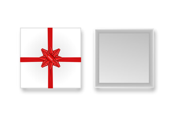Open gift box. Present white box with red ribbon bow and shadow. Front view. Stock vector illustration.