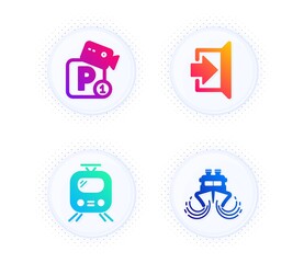 Parking security, Exit and Train icons simple set. Button with halftone dots. Ship sign. Video camera, Escape, Tram. Shipping watercraft. Transportation set. Vector