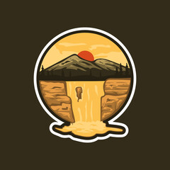 Mountain River Waterfall View Nature Badges Stricker Illustration