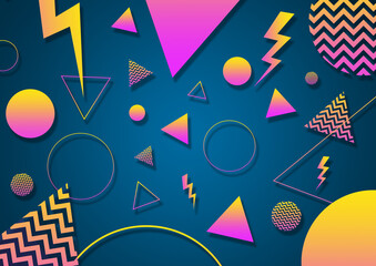 A turquoise, pink and yellow retro vaporwave 90's style random geometric shapes with vibrant neon color palette on a radial gradient background