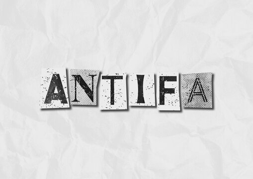A black and white text collage graphic illustration on the concept of antifa, anti fascist protestors
