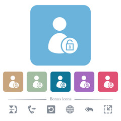 Unlock user account flat icons on color rounded square backgrounds