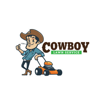 Cartoon cowboy vintage retro lawn service logo
