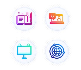 Road banner, Recipe book and Smile icons simple set. Button with halftone dots. Globe sign. Advertisement, Food, Laptop feedback. Internet world. Business set. Gradient flat road banner icon. Vector