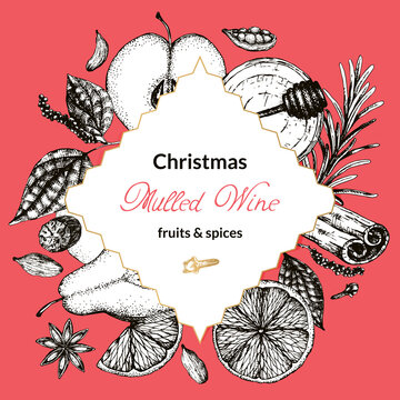 Vector illustration label for packaging organic mulled wine condiment on a bright red background. Ingredients for hot Christmas wine, hand-drawn, for packing dried fruits and spices.