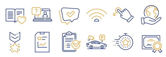 Set of Technology icons, such as Report document, Winner medal. Certificate, save planet. Faq, Timer, Wifi. Parking security, Approved, Survey checklist. Drag drop, Love book line icons. Vector