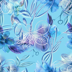 Floral Seamless Pattern. Watercolor Background with Flowers and Leaves. Hand Painted Illustration.