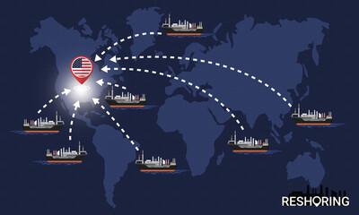 Reshoring concept. Factories companies return to USA. Self-sufficiency. Automated supply chain. Avoid production chain disruption. Design by freighter carry factory to moving on world map. Vector