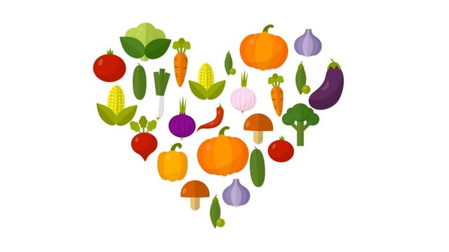 Cute vegetables that form a heart shape and shake. Flat design. Veggy concept.  Alpha matte 4K