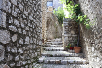 Fototapeta premium Rue étroite et piétonne de Saint Paul de Vence, ville de Saint Paul de Vence, Département des Alpes Maritimes, France
