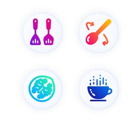 Cooking spoon, Cooking cutlery and Walnut icons simple set. Button with halftone dots. Coffee cup sign. Cutlery, Kitchen accessories, Vegetarian food. Hot drink. Food and drink set. Vector