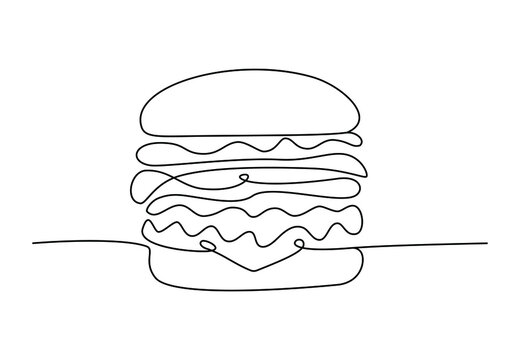Single line drawing of cheeseburger. Fast food hamburger made of one continuous line, cafe menu and restaurant concept for logo. Modern design street food logotype, vector illustration