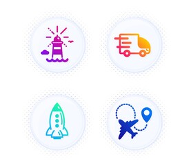 Rocket, Truck delivery and Lighthouse icons simple set. Button with halftone dots. Airplane sign. Spaceship, Express service, Navigation beacon. Plane. Transportation set. Vector