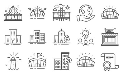 Set of Buildings icons, such as Lighthouse, University campus. Diploma, ideas, save planet. Arena stadium, Arena, Skyscraper building. Sports stadium, Hotel, Circus. Vector
