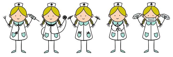 Nurse at work. Set of cartoon illustration of cheerful nurse