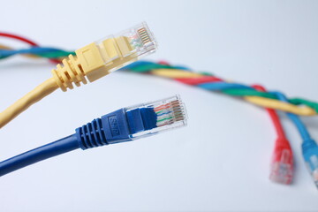Network Ethernet Cables. Network switch with optical and ethernet connected wires.