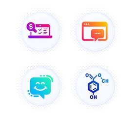 Online accounting, Smile chat and Seo message icons simple set. Button with halftone dots. Chemical formula sign. Web audit, Happy face, Support chat. Chemistry. Technology set. Vector