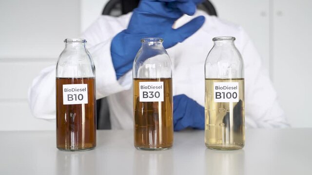 Scientist girl chooses a glass flask with B30 biodiesel