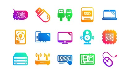 Motherboard, CPU and Laptop. Computer device icons. SSD memory classic icon set. Gradient patterns. Quality signs set. Vector