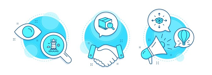 Parcel delivery, Air balloon and Lighthouse line icons set. Handshake deal, research and promotion complex icons. Search package sign. Logistics service, Flight travel, Beacon tower. Vector
