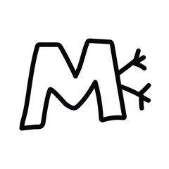 Alphabet letter M with hands. Kids education poster or stickers. Childish logo in mosaic style. Cute vector letters in color and monochrome isolated on white. Birthday holiday decoration.