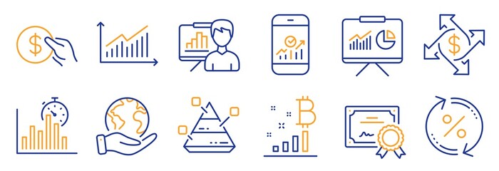 Set of Finance icons, such as Report timer, Payment exchange. Certificate, save planet. Pyramid chart, Loan percent, Smartphone statistics. Presentation board, Bitcoin graph, Payment. Vector