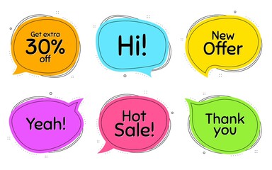 Hot sale, 30% discount and new offer. Thought chat bubbles. Thank you, hi and yeah phrases. Sale shopping text. Chat messages with phrases. Colorful texting thought bubbles. Vector