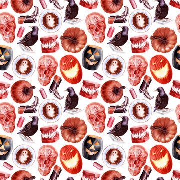 Watercolor seamless pattern on the theme of the holiday Halloween. Characteristic characters and attributes © Ellivelli