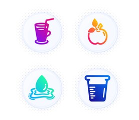 Eco food, Water splash and Cocktail icons simple set. Button with halftone dots. Cooking beaker sign. Organic tested, Aqua drop, Fresh beverage. Water. Food and drink set. Vector